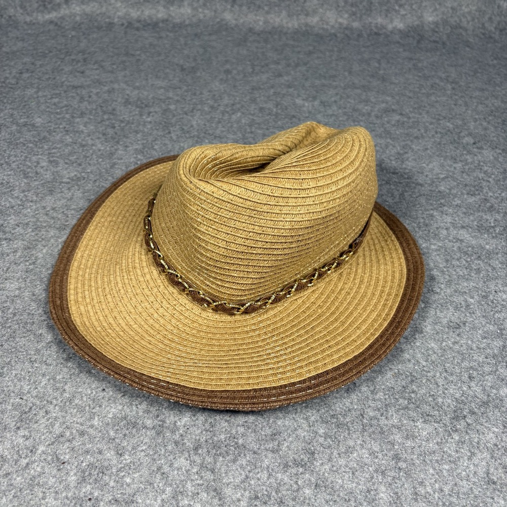 Unbranded Chain Accent Straw Fedora One‎ Size Tan Brown Woven Sun Hat